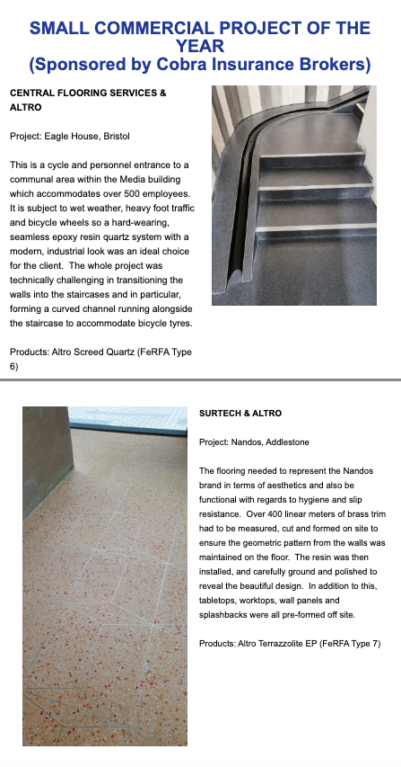 FeRFAResin's tweet photo. Congratulations to @CentralCFS &amp; @AltroFlooring / @SurtechLtd &amp; @AltroFlooring / @VeitchiABZ &amp; @Degafloor and @ZirconFlooring  &amp; @SikaLimited for being shortlisted in Small Commercial Project of the Year 2019! https://t.co/BtiMTDXEEk