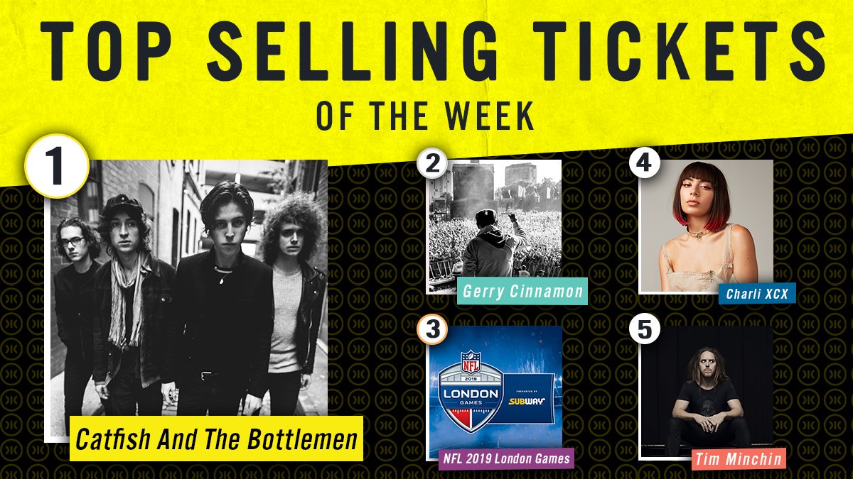 Twickets's tweet image. Here are this week's top selling tickets! 👇

@thebottlemen bit.ly/2JyHoVg
@GerryCinnamon bit.ly/2MVNr8y
@NFLUK bit.ly/2NnJ4Cm
@charli_xcx bit.ly/36joQ5t
@timminchin bit.ly/331g4a3