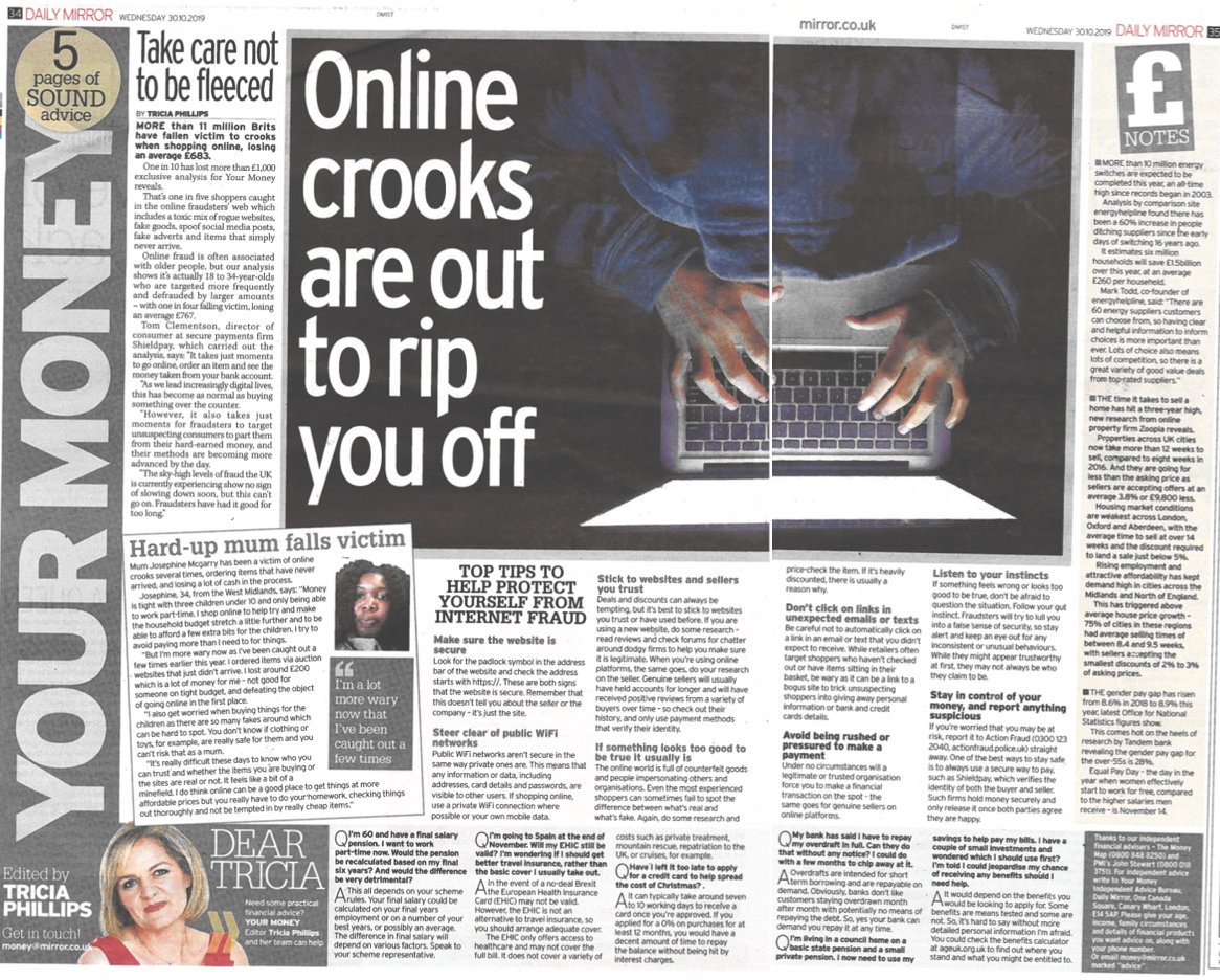 shieldpay's tweet photo. More than 11m Brits have fallen victim to fraudsters when shopping online, losing an average of ยฃ683 ๐ฒ๐คฏ
Check out our top tips in todayโs @DailyMirror and stay safe with @shield_pay!
#shieldpay #buysafe #sellsafe #blackfriday #cybermonday #yourmoney @Triciaaphillips @ItsClem https://t.co/95C9nMRimT