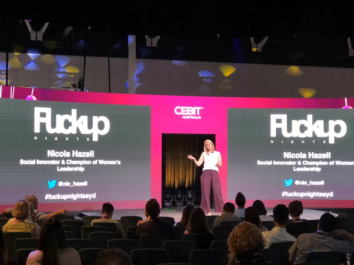 Our last speaker for #fuckupnightssyd is one of our all-time fav’s <a href="/nic_hazell/">Nicola Hazell</a> speaking about the challenges of parenthood, identity and career juggling with a very human story at @CeBITAus Thanks for speaking again Nicola! ❤️ #cebit