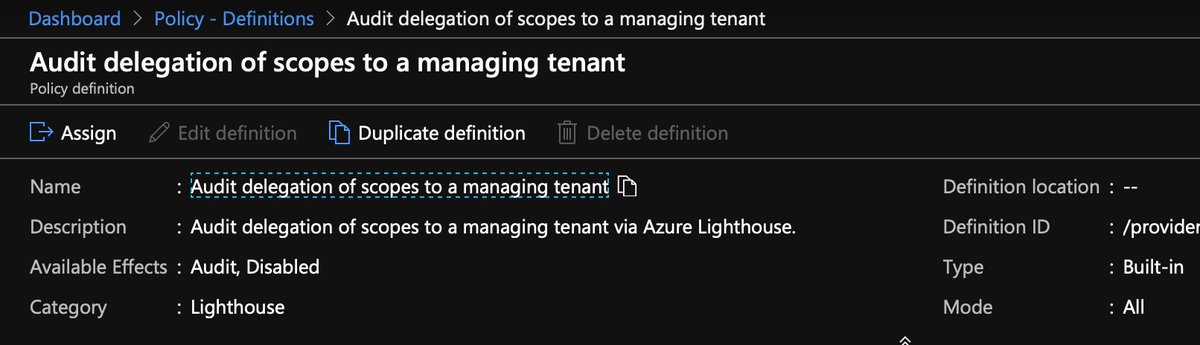 New built-in #AzurePolicy, for customers to audit any delegations thru #AzureLighthouse in their environments