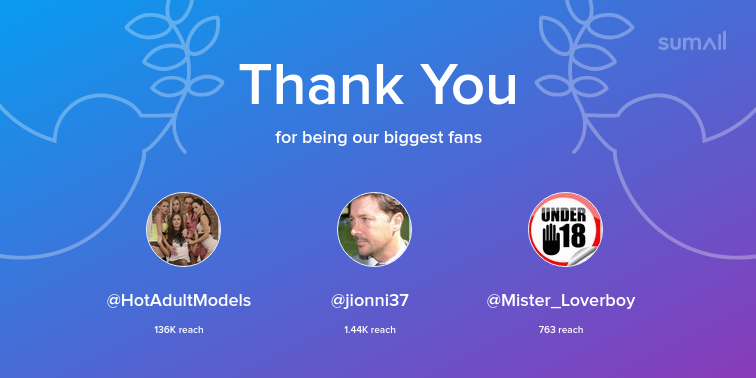 Our biggest fans this week: HotAdultModels, jionni37, Mister_Loverboy. Thank you! via sumall.com/thankyou?utm_s…