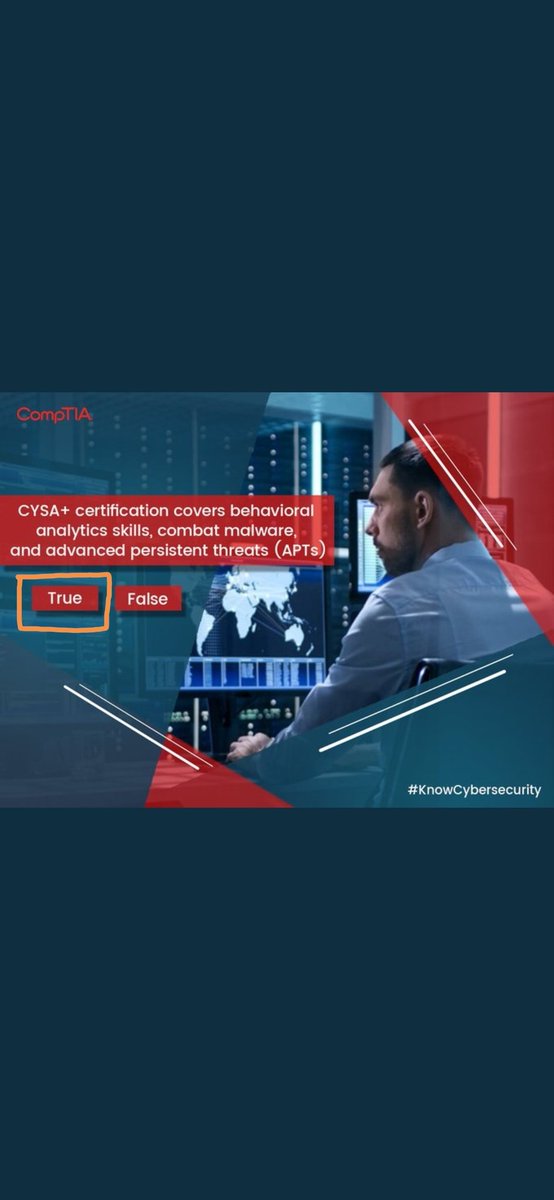 Amitsha05006851's tweet image. Answer 2 :- True 
#CompTIA #CyberSecurityMonth  #KnowCybersecurity
Tagged 
@RahulSh47444881 
@ShardaS03626409 
@3Madhvi