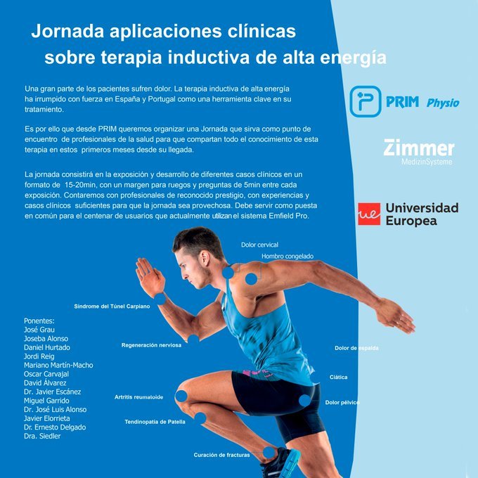 primfisio's tweet photo. Se acerca la Jornada sobre Aplicaciones Clínicas con terapia inductiva de alta energía #EmFieldPro que realizaremos en la @UEuropea el 14 noviembre. Un espacio en el que los fisioterapeutas que ya usan esta #fisiotecnología compartirán sus experiencias a través de casos clínicos. https://t.co/wlzaSgYcAV