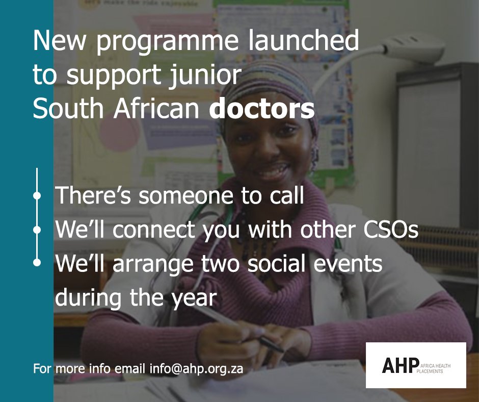 AHPdoctors's tweet photo. AHP understands what young doctors go through. And we're here to support you.
Message us with your contact details or email info@ahp.org.za and we'll tell you how to sign up for CSO Connect, our newly launched programme providing personal well-being support to young doctors. https://t.co/oUtolxDfpP