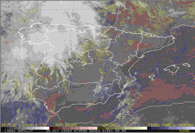 AEMET_SINOBAS's tweet photo. Producto #CloudType de @Nowcasting_SAF que discrimina y colorea las nubes con topes bajos (estratos y nieblas) que esta mañana son protagonistas en muchas zonas del país. https://t.co/FOMzkmYJ5X