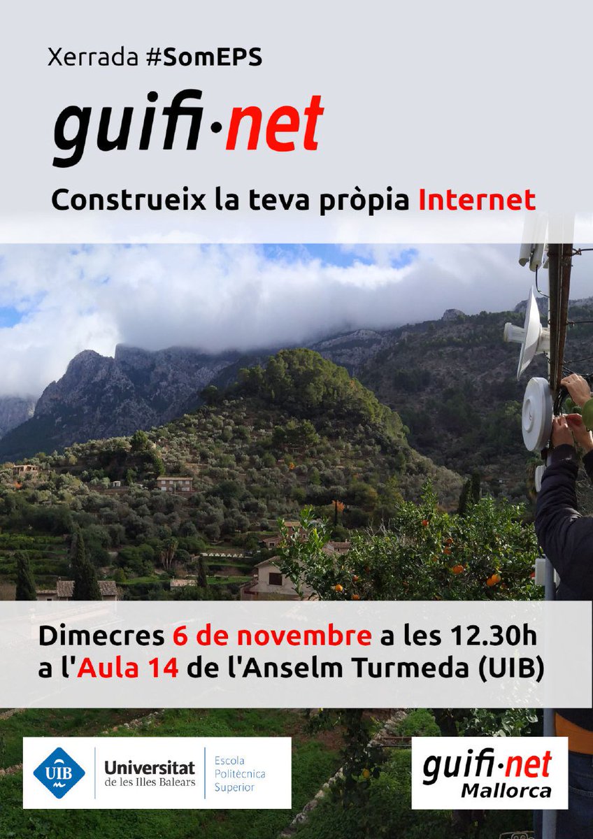 🔵 PRESENTACIÓ - Dia 6 de novembre serem a la <a href="/epsuib/">Escola Politècnica Superior de la UIB</a> presentant el projecte Guifi.net 📡. La xerrada està emmarcada dins el programa d'activitats #someps 👩‍🎓