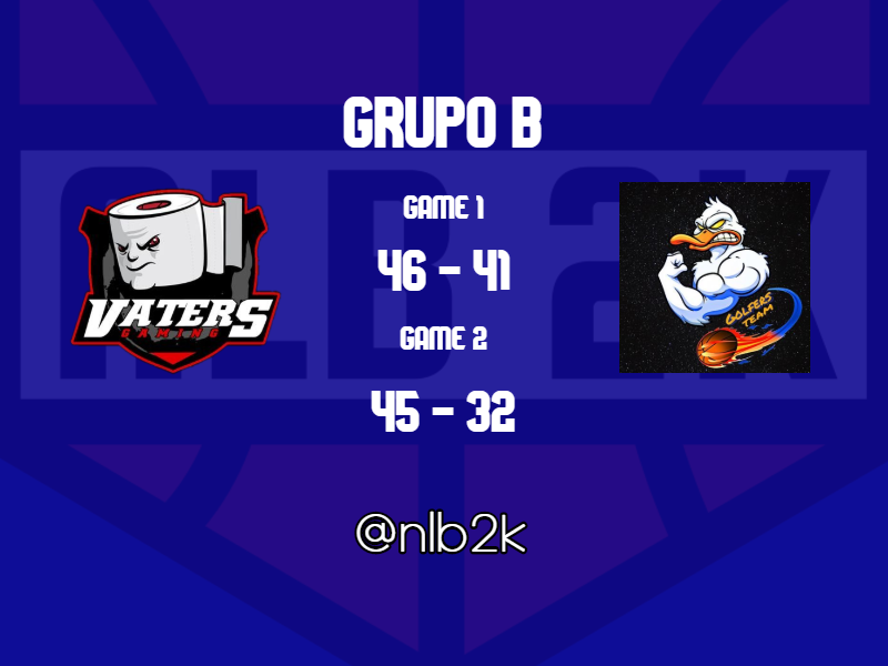 Resultado J5 de Grupo B en TorneosPs4

🏀<a href="/Vaters2k/">VATERS 2K</a> 46🆚41 @golfers_team
➡️nlb2k.com/event/vaters-g…

🏀@golfers_team 32🆚45 <a href="/Vaters2k/">VATERS 2K</a>
➡️nlb2k.com/event/golfers-…

🌐torneosps4.nlb2k.com