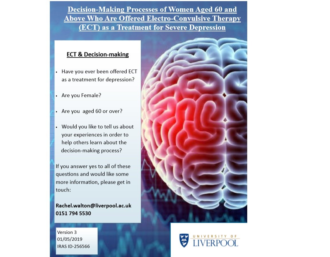 WomenEct's tweet photo. Are you female and have you been offered ECT since becoming 60 years of age? 

Would you like to tell us about your experiences to help others learn about what influenced your decision? 

Would you like more information?

If yes, please get in touch. Rachel.Walton@liverpool.ac.uk https://t.co/V2zHg0zXuL