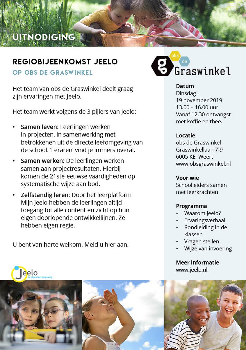 JeeloNieuws's tweet photo. Kom naar de Jeelo-regiobijeenkomst op OBS De Graswinkel in Weert (L) op di 19 november 2019, 13-16u. Het team deelt graag ervaringen over het werken met Jeelo en er is een rondleiding langs de klassen.  
Meld u aan via de website https://t.co/jbo08JbYSZ
Voor vragen: info@jeelo.nl https://t.co/9pYNInSTJf
