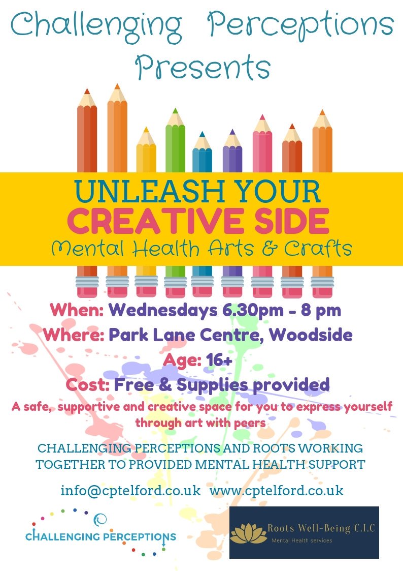 New - Mental Health Arts &amp; Crafts sessions <a href="/ChallengingPerc/">Challenging Perceptions CIO</a>  A safe, supportive and creative space for you to express yourself through art with peers. #Telford