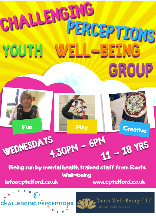 New - Youth Well-Being Group for young people aged 11 - 18, run by mental health trained staff from <a href="/ChallengingPerc/">Challenging Perceptions CIO</a> <a href="/BeingRoots/">Roots well-Being C.I.C</a>