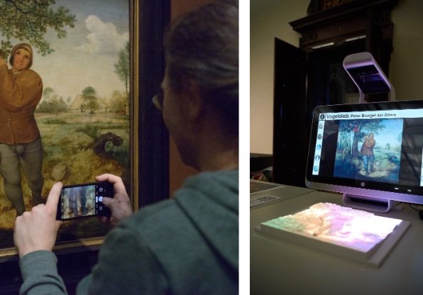 Left image: Researcher takes picture of the painting The Bird Thief. Right image: The interactive multimedia guide with a tactile relief of the Bird Thief