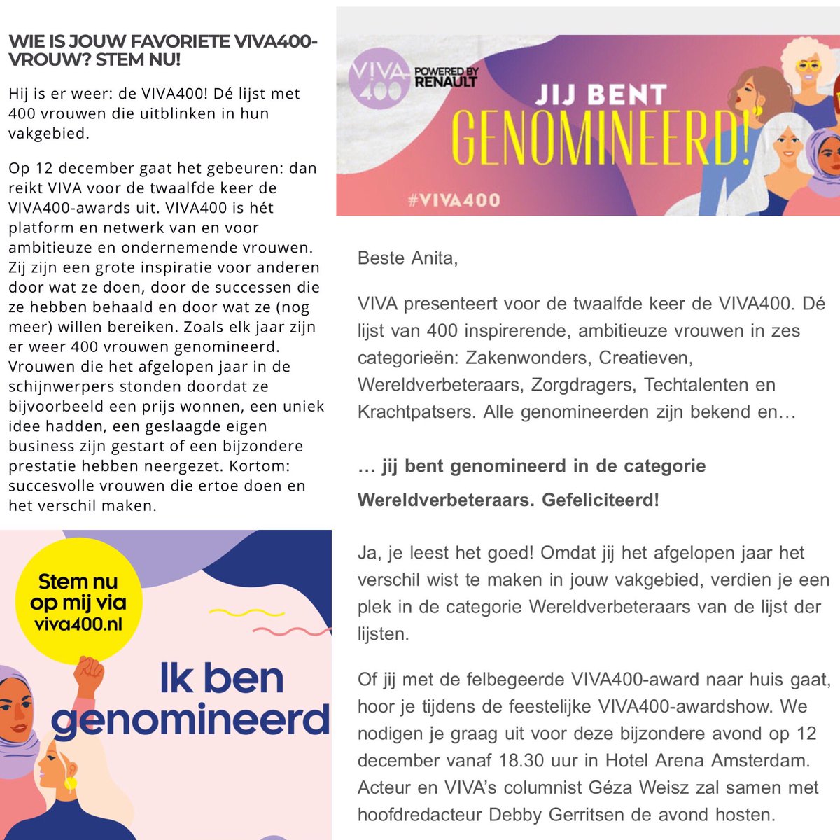 Ik ben genomineerd voor de #VIVA400 @VIVA_nl in de categorie Wereldverbeteraars 😄Ik wil de wereld verbeteren voor mensen met een beperking. Met jouw stem kan ik een groot podium pakken hiervoor.Dank! 🙏@zonderstigma <a href="/MensenrechtenNL/">College voor de Rechten van de Mens</a>