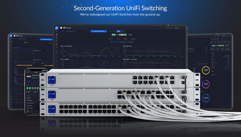 Ubiquiti's tweet photo. We’re excited to introduce our Second-Generation of #UniFi Switching! 

We've redesigned our UniFi Switches from the ground up: 

🔹Near silent cooling
🔹Powerful hardware &amp; software
🔹Redundant power system
🔹Touchscreen Display 

#UniFiSwitch Details > https://t.co/3IBZUyVHwV https://t.co/Bv7G2E4oPG