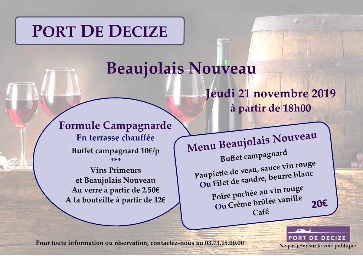 PortdeDecize's tweet photo. 🍇 Soirée Beaujolais au Port de Decize 🍇
Venez goûter à notre buffet campagnard en formule ou en menu complet à 20€ !
⏰ Rendez-vous le jeudi 21 novembre à partir de 18h !
Pensez à réserver  au 03 73 15 00 00 https://t.co/O4piSxFf1q