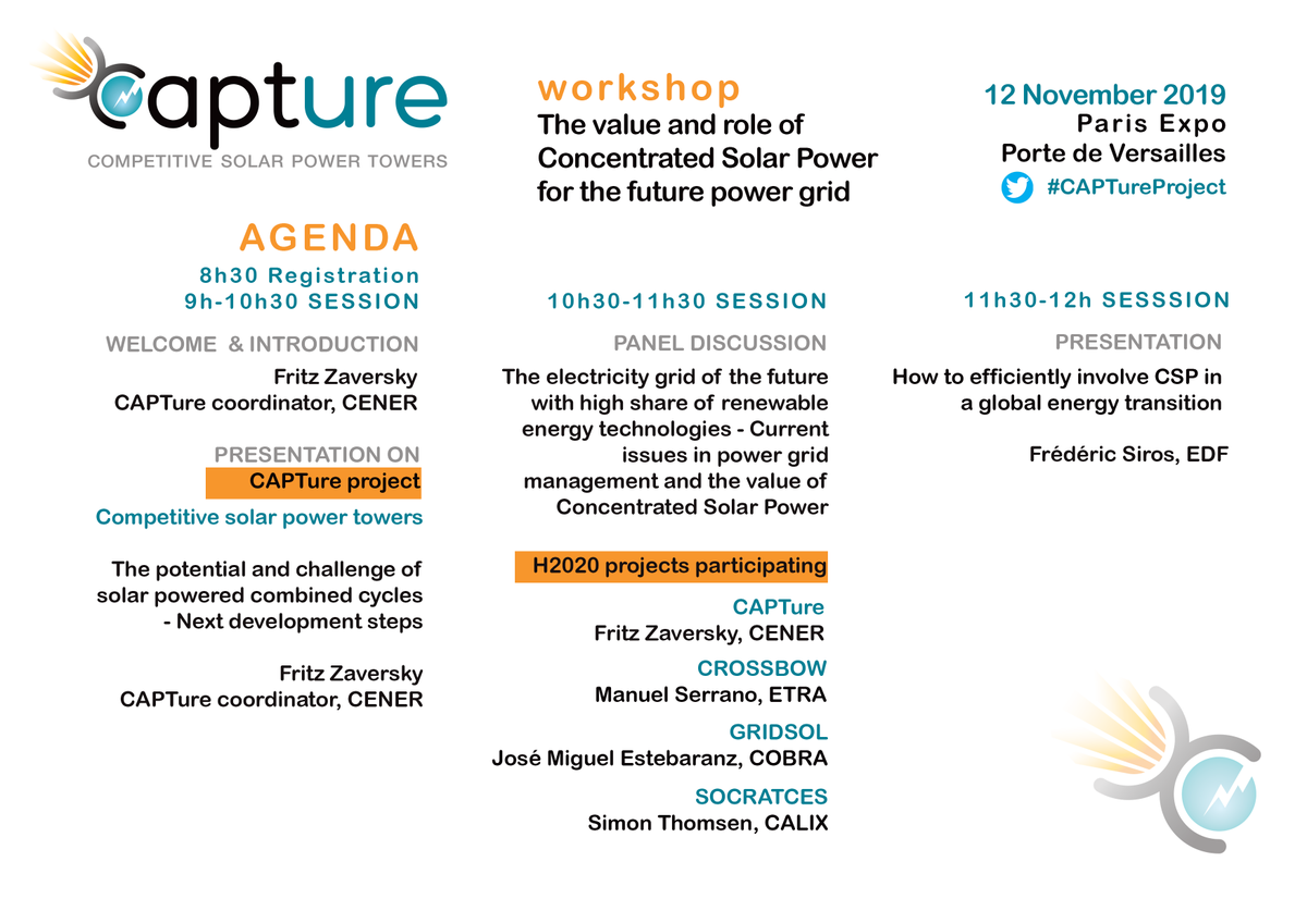EUREC_Info's tweet photo. #CAPTureProject Workshop / Are you participating at the European Utility Week &amp; Powergen Europe 2019? Would you like to learn more or share your views on #ConcentratedSolarPower? Read more &amp; Register👉https://t.co/JnzxIX7mSo #EUW19 #PGW2019 

🗓️12 November 2019
📍Paris https://t.co/u9TfomuQKz