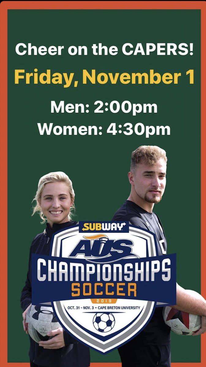 The excitement is building for the <a href="/AUS_SUA/">Atlantic University Sport</a> ⚽️ championships this weekend! Be sure to come out to the CBU field to cheer on our teams in the semifinals on Friday!! #gocapersgo