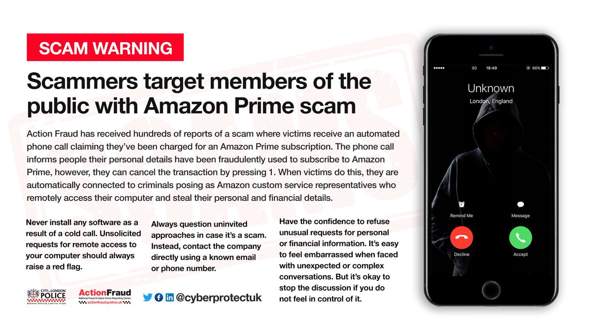 ScamFreeAngus's tweet photo. WARNING

Amazon Prime telephone scam doing the rounds. 

I challenge you to tell 1 friend &amp;
1 family member offline about this scam today.

#ScamAware #TakeFive #Tell2 https://t.co/2kXb0LDIxp