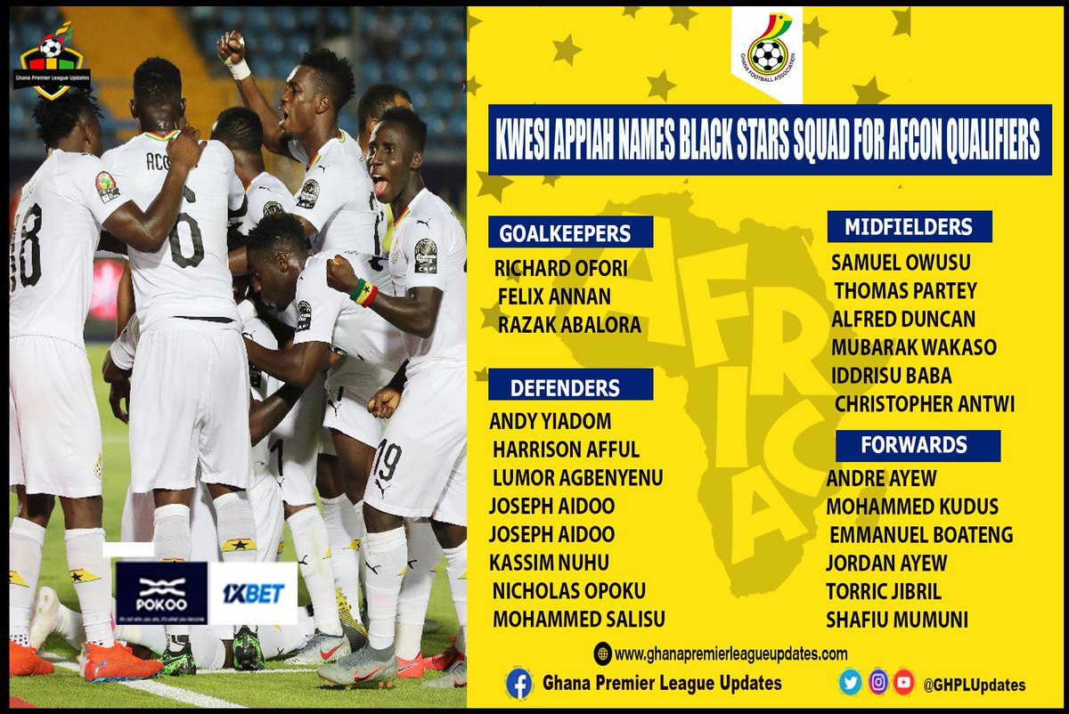 Ghana Premier League Updates On Twitter Confirmed Squad Kwesi Appiah Names Black Stars Squad For Afcon 2021 Qualifiers Against South Africa Sao Tome And Principe Check The Full List Below