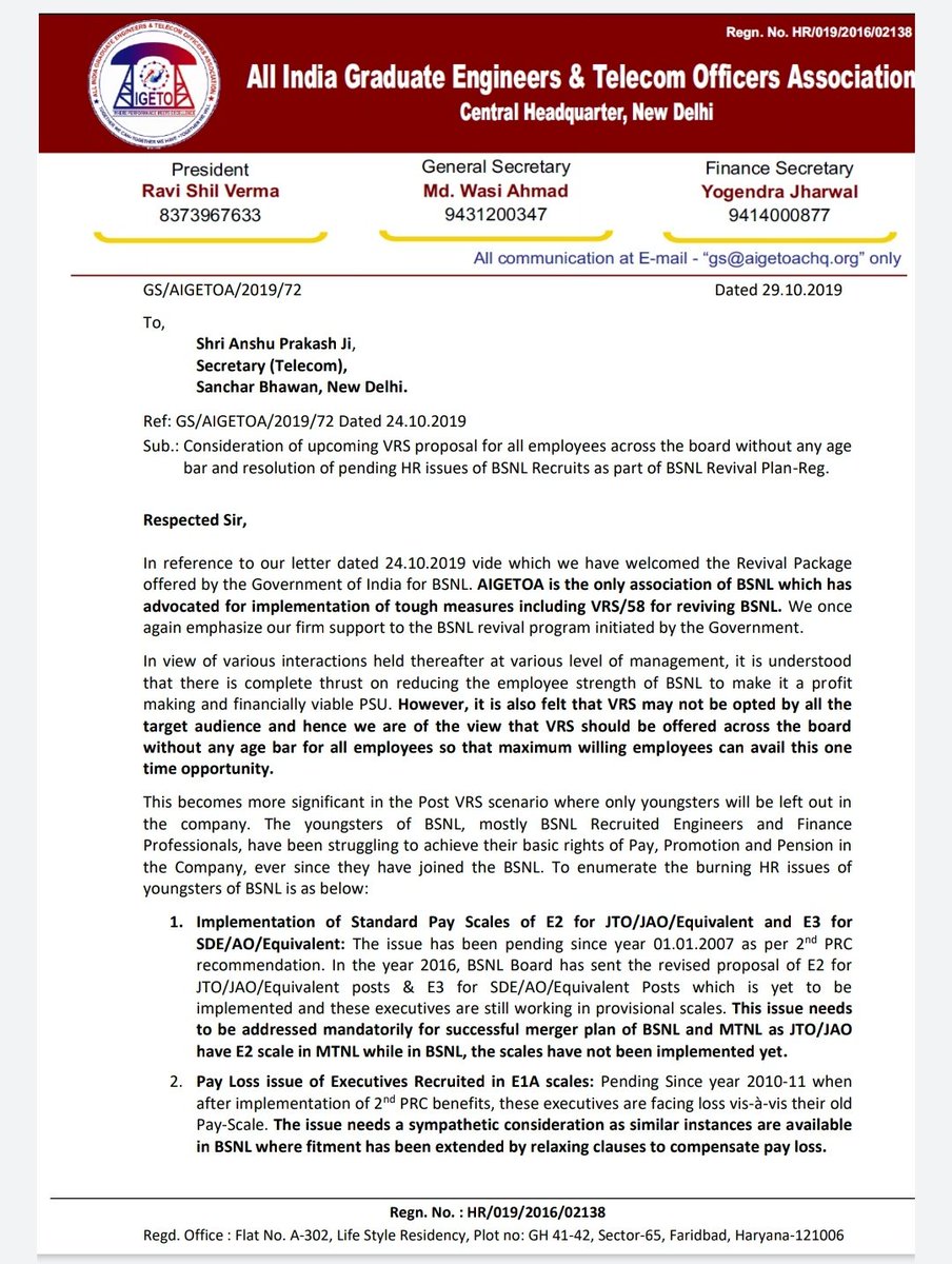 aigetoachq's tweet photo. GS AIGETOA writes to Hon’ble Secretary DoT for Consideration of upcoming VRS proposal for all employees across the board without any age bar and resolution of long pending HR issues of BSNL Recruits as part of BSNL Revival Plan https://t.co/gdasupUnBN