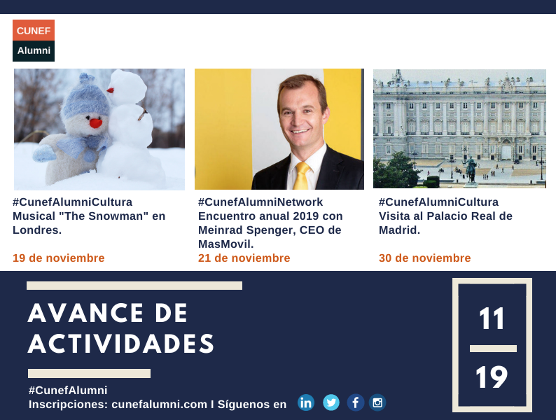 ¡Avance de actividades CUNEF Alumni noviembre!Iremos anunciando cada actividad en las redes! Participa y aprovecha todas las oportunidades de Networking que te brinda la asociación, entra en cunefalumni.com o descárgate nuestra app: apple.co/34cFr9b
#SoyCunefAlumni