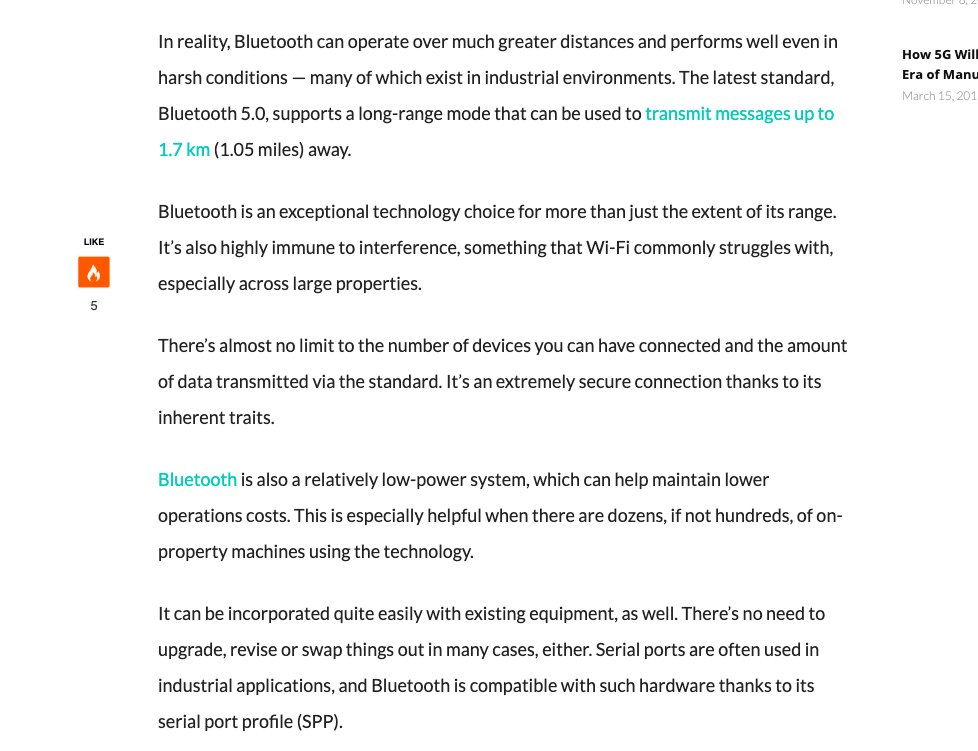 The latest standard, Bluetooth 5.0, is capable of a long-range mode that can be used to transmit messages up to 1.7 km.
Bluetooth is low-energy and highly resistant to interference... an area where Wi-Fi and Zigbee have problems.
.
iotforall.com/bluetooth-mesh…