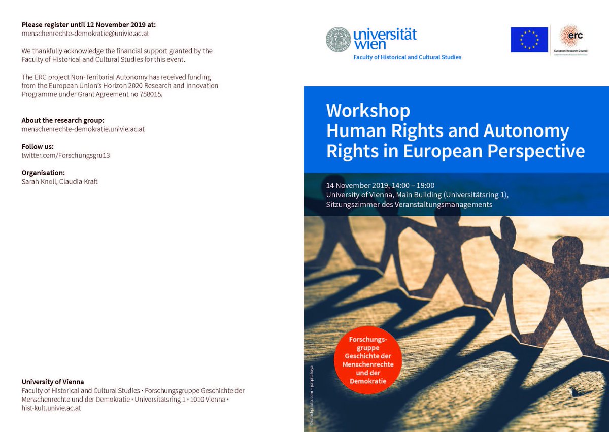 FGGMRD's tweet photo. Herzliche Einladung zum nächsten spannenden #Workshop der Forschungsgruppe über "Human Rights and Autonomy Rights in European Perspective"
14. November 2019, 14:00-19:00 @univienna
Wir diskutieren über Minority Rights, Human Rights und Non-Territorial Autonomy. https://t.co/1jM3cfBF2X