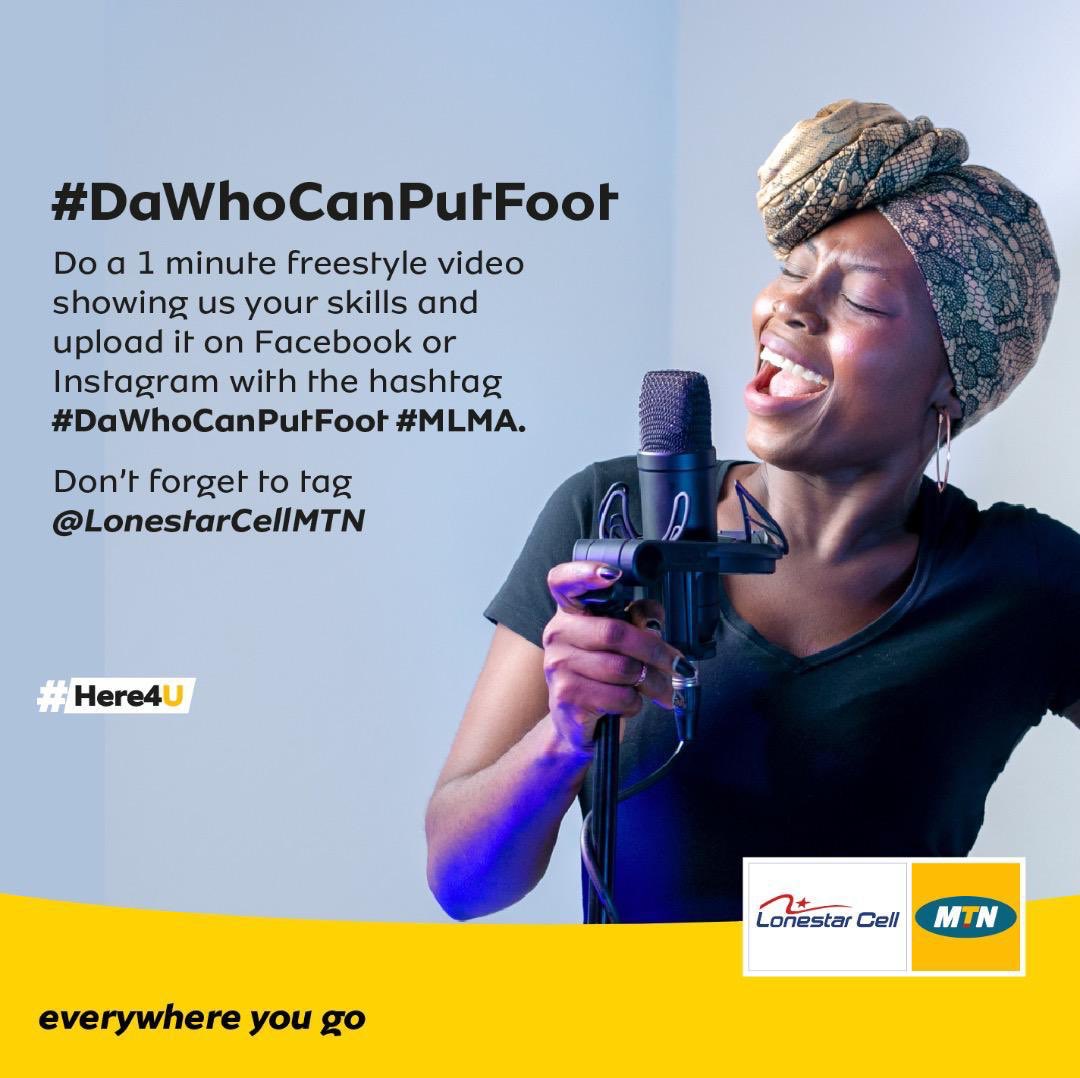 MTN_Plug's tweet photo. Da who can put foot! It’s back and it’s for real! 
Stand a chance to perform at the MTN Liberia Music Awards 2019, All you got to do is record a minute freestyle video using the #DaWhoCanPutFoot! 
#MTNPLUG #dawhocanputfoot https://t.co/7WZjAs0aYv