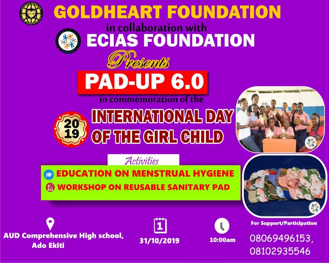 That's why GoldHeart Foundation & @Eciasfoundation are training the low income girls at AUD Comprehensive High School Ado Ekiti on reusable pads & educating them on menstrual hygiene to keep girls in school.2/2

Join us this Thursday

#PadUp #ReusablePad #MenstrualHygiene #goal4