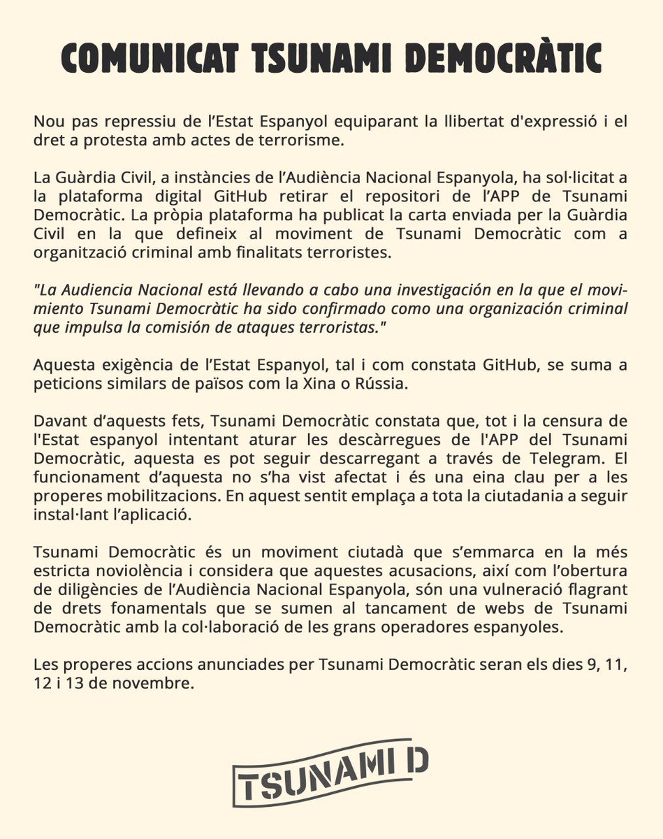 Nou pas repressiu de l’Estat Espanyol equiparant la llibertat d'expressió i el dret a protesta amb actes de terrorisme. Autoritarisme com a definició de la "democràcia" a l'Estat Espanyol.

No podran aturar el #TsunamiDemocràtic 🌊
