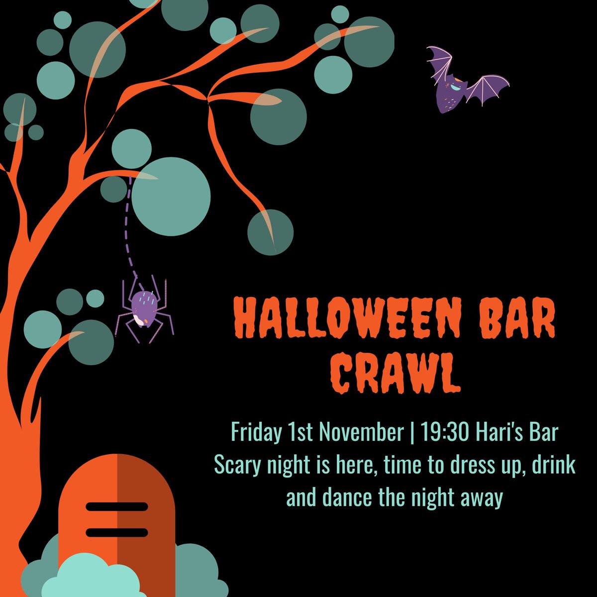 Halloween Bar Crawl Tickets on sale today at 12:00 in the Front Room 💀£3 for entry into two bars and two clubs!