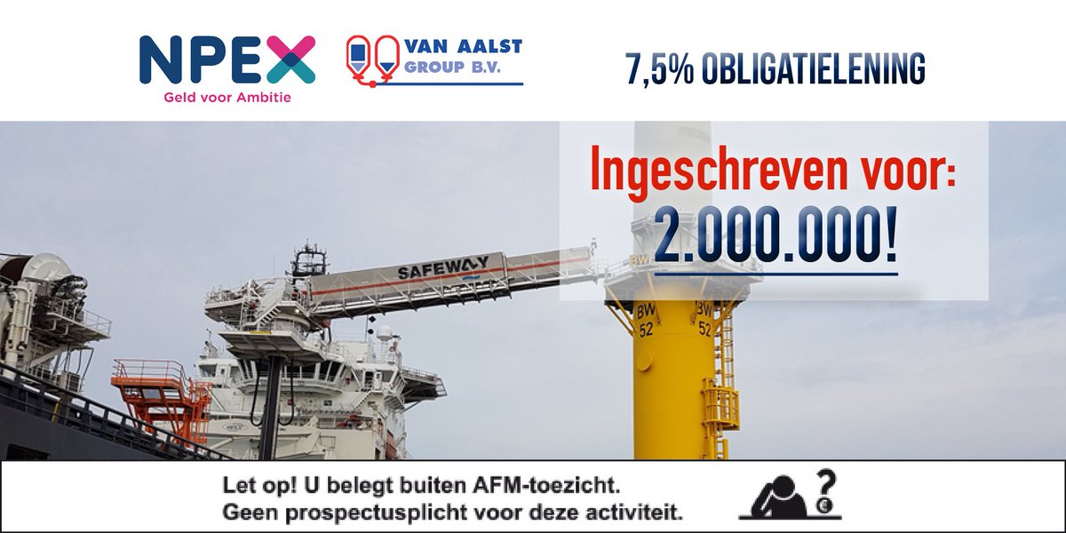 npex's tweet image. De @vanAalstMarine – 7,5% obligatielening is zeer in trek onder de NPEX-beleggers. Er is inmiddels al voor meer dan €2.000.000 ingeschreven op de emissie!

Meer weten over de emissie? Klik dan hier voor meer informatie: bit.ly/2W08BFC