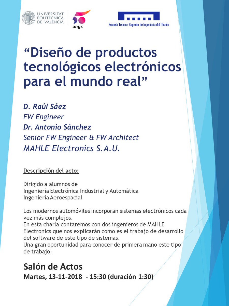 ETSIADI's tweet image. #CONFERENCIA Diseño de productos tecnológicos electrónicos para el mundo real

📍 Salón de Actos de ETSID

📅Martes 13/11/2019 - 15:30

🔷+info: etsid.upv.es/conferencia-di…