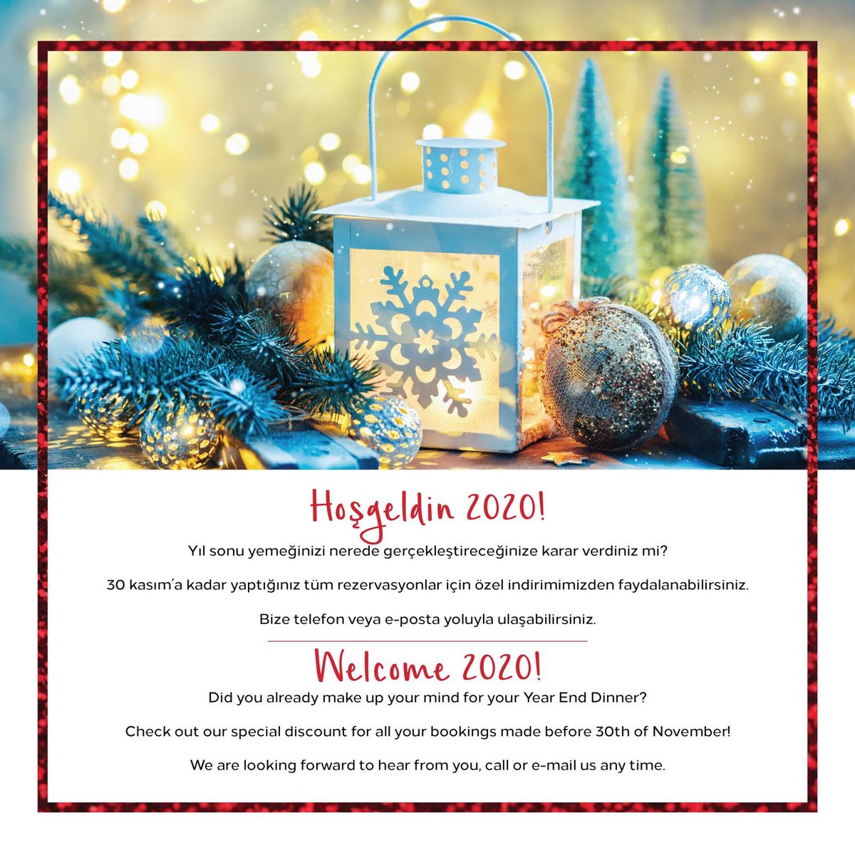 Özel yılsonu yemekleriniz için 30 Kasım’a kadar rezervasyon yapıp özel indirimlerden faydalanabilirsiniz. 💫
Book your special Year End  Dinner until November 30th and benefit from special discounts. 🎉
#Hilton #AnkaraHiltonSA