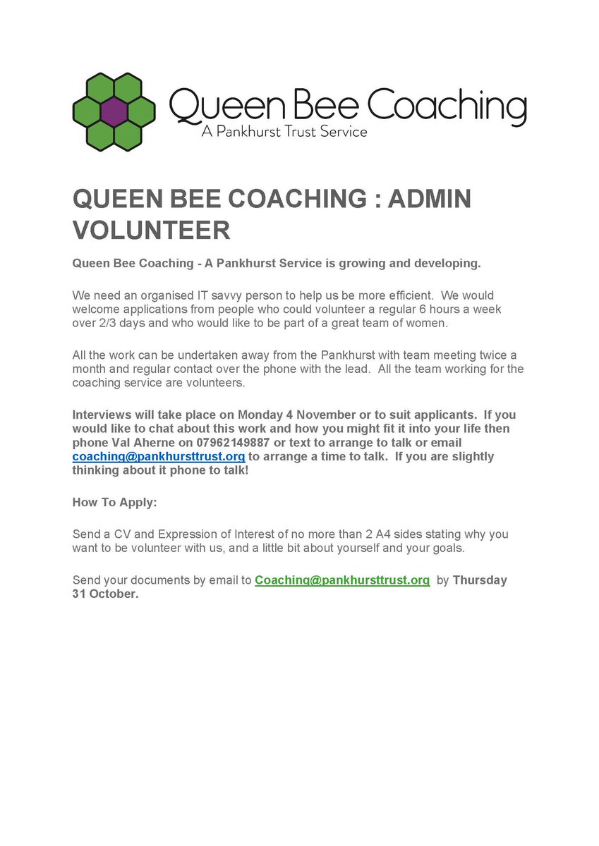 Opportunity to #volunteer on the #QueenBeeCoaching programme @PankhurstCentre join me, @Andrea_Thornley & others