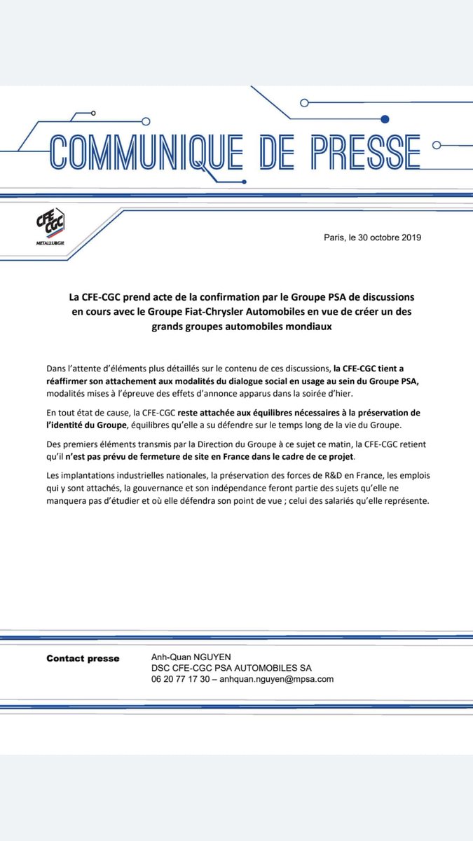 #PSA communiqué de presse relatif aux discutions en cours avec le groupe #FCA <a href="/gabfd/">Artero Gabriel</a> @JMBrtho <a href="/christelle901/">Christelle Toillon</a>