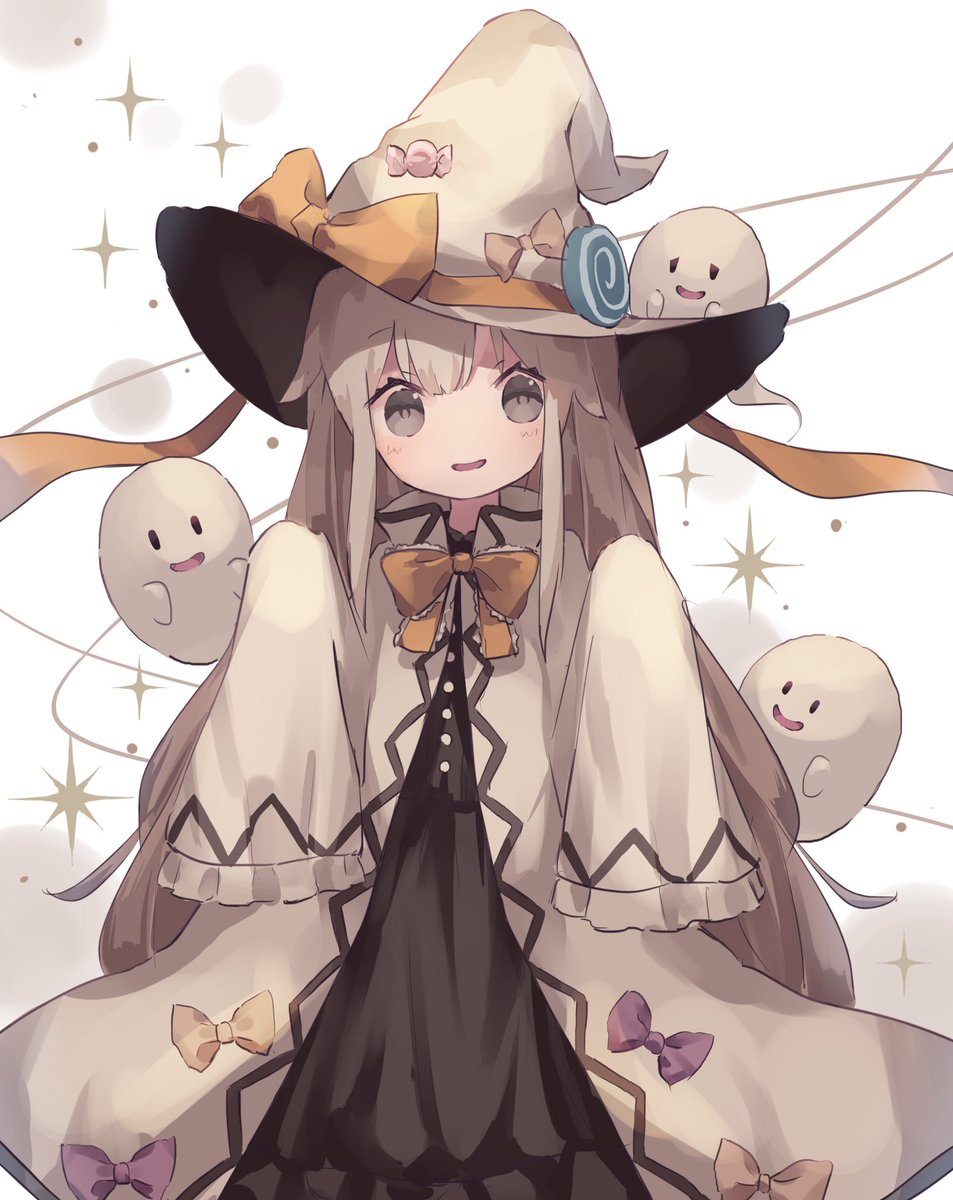 1girl hat witch hat long hair bow dress sleeves past wrists  illustration images
