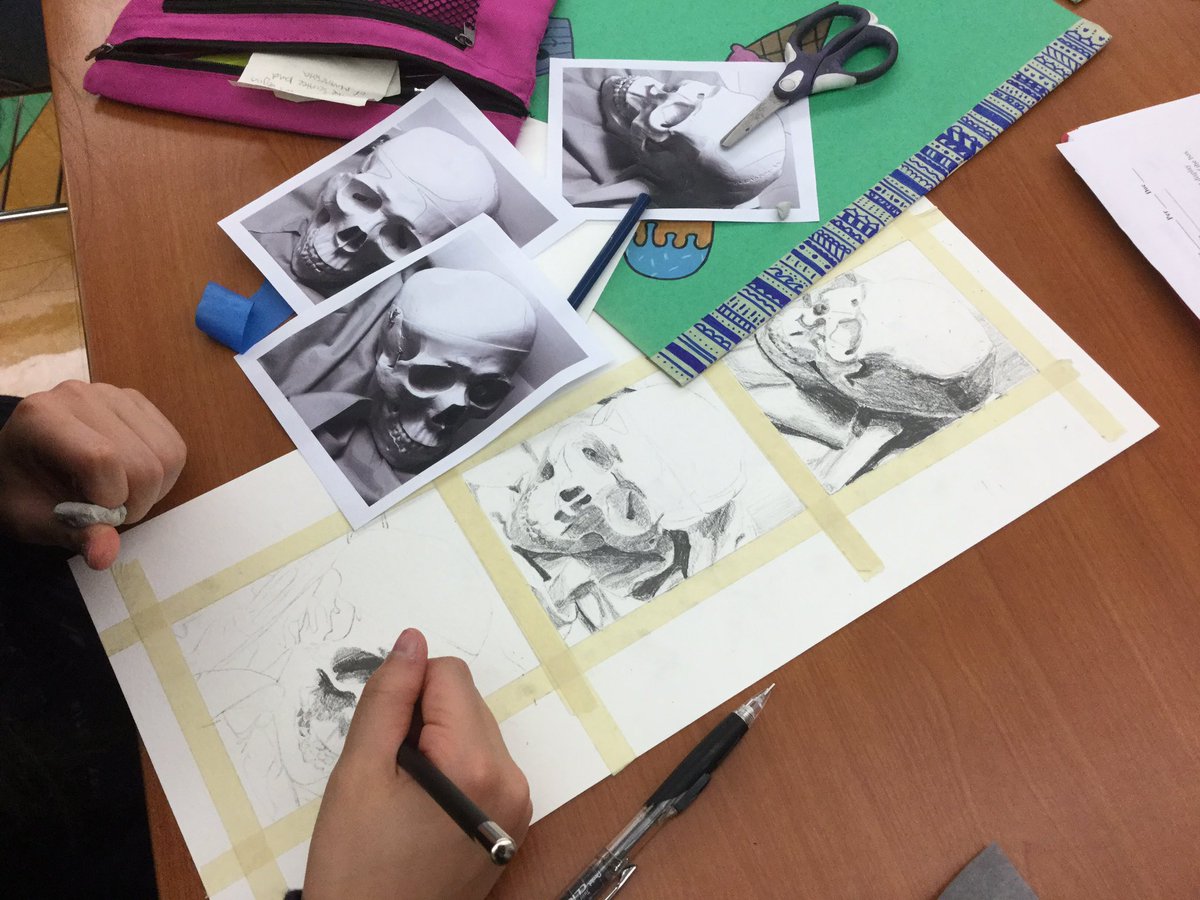Period 8/9 Drawing Exploration. Skull value drawing “Triptych”using Sketch n Wash pencils. #ebarts <a href="/eb/">Expected Behavior</a>