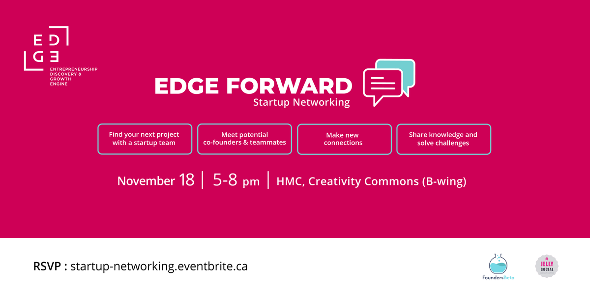 EDGE (@edge_sheridan) on Twitter photo Event - Nov 18: EDGE Forward: Startup Networking
Join EDGE, <a href="/thejellysocial/">Jelly Social</a> & <a href="/FoundersBeta/">FoundersBeta</a> for an evening of purposeful connections to help you solve startup challenges, find your next project on a startup team, meet co-founders & more! Register: bit.ly/2Jx1BuI Event - Nov 18: EDGE Forward: Startup Networking
Join EDGE, <a href="/thejellysocial/">Jelly Social</a> & <a href="/FoundersBeta/">FoundersBeta</a> for an evening of purposeful connections to help you solve startup challenges, find your next project on a startup team, meet co-founders & more! Register: bit.ly/2Jx1BuI