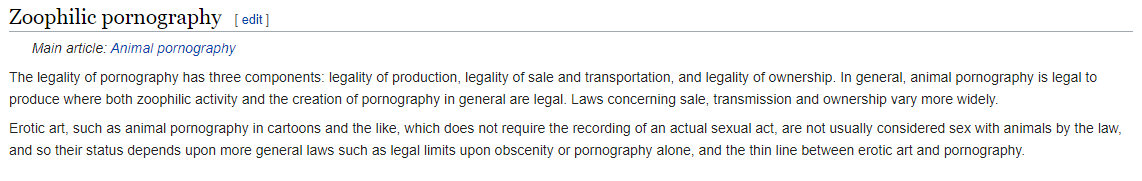 Now Let's look at the Legality of This Picture. Source:  https://en.wikipedia.org/wiki/Zoophilia_and_the_lawBasically, It is legal Because it isn't explicit p*rn, It's not a recording, And Drawing erotic art of animals isn't by law considered having sex with an animal.