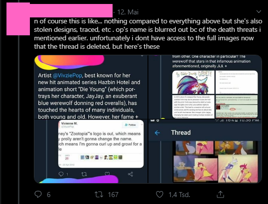 "Vivzie Traced/Stole Designs!"These screenshots are just from a twitter thread, that are using screenshots. The deviantart text in the screenshots that are shown in this screenshot is unreadable. ..That was a mouthful. Anyway, amazing evidence OP!