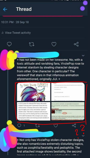 "Vivzie Traced/Stole Designs!"These screenshots are just from a twitter thread, that are using screenshots. The deviantart text in the screenshots that are shown in this screenshot is unreadable. ..That was a mouthful. Anyway, amazing evidence OP!