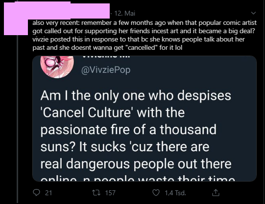 And OP immediately assuming that Vivzie mentioning that she hates Cancel Culture is associated with something completely different. Cancel Culture is terrible and as a famous person you're just doomed to be a victim of it. Getting hated for irrevelant stuff isn't nice.