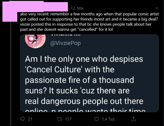 And OP immediately assuming that Vivzie mentioning that she hates Cancel Culture is associated with something completely different. Cancel Culture is terrible and as a famous person you& #39;re just doomed to be a victim of it. Getting hated for irrevelant stuff isn& #39;t nice.