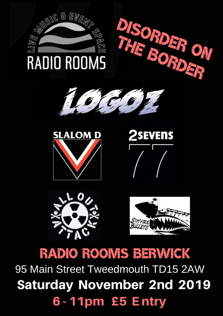 Next up for us this Saturday November 2nd a return to <a href="/RoomsRadio/">Radio Rooms</a> Berwick with Slalom D / 2 Sevens / All Out Attack &amp; <a href="/Spitfirebullets/">Spitfire Bullets</a> - 6pm - £5 Entry! See ya there! <a href="/PeeshNE63/">Peesh LoGOz</a> <a href="/PaulLoGOz/">paul</a> <a href="/kierandene2003/">kierandene2003</a>