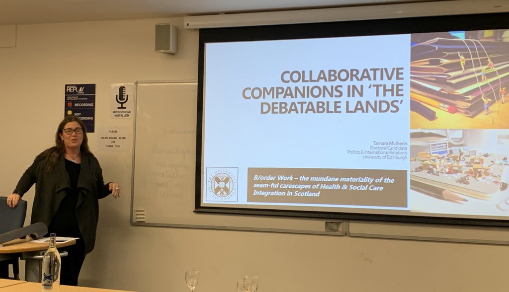 And finally the groundbreaking work by @Tamara_Mulherin who’s conducted an ethnography of inter-organising in the context of Health and Social Care Integration in Scotland - understanding collaborative practices through materiality and the micro politics of interaction <a href="/WWScot/">What Works Scotland</a>