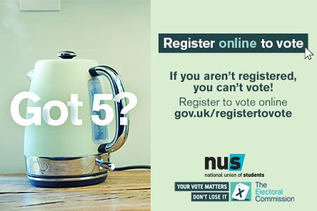 nusconnect's tweet photo. STUDENTS and SUs📢📢
We’re working hard with the Electoral Commission to make sure everyone is Registered to Vote.

We need you to actively campaign, so students will NOT be silenced💭

See our 'Got 5?' campaign &amp; download assets to use on your campus>> https://t.co/iLtMExUEC5 https://t.co/Tusq6174j8