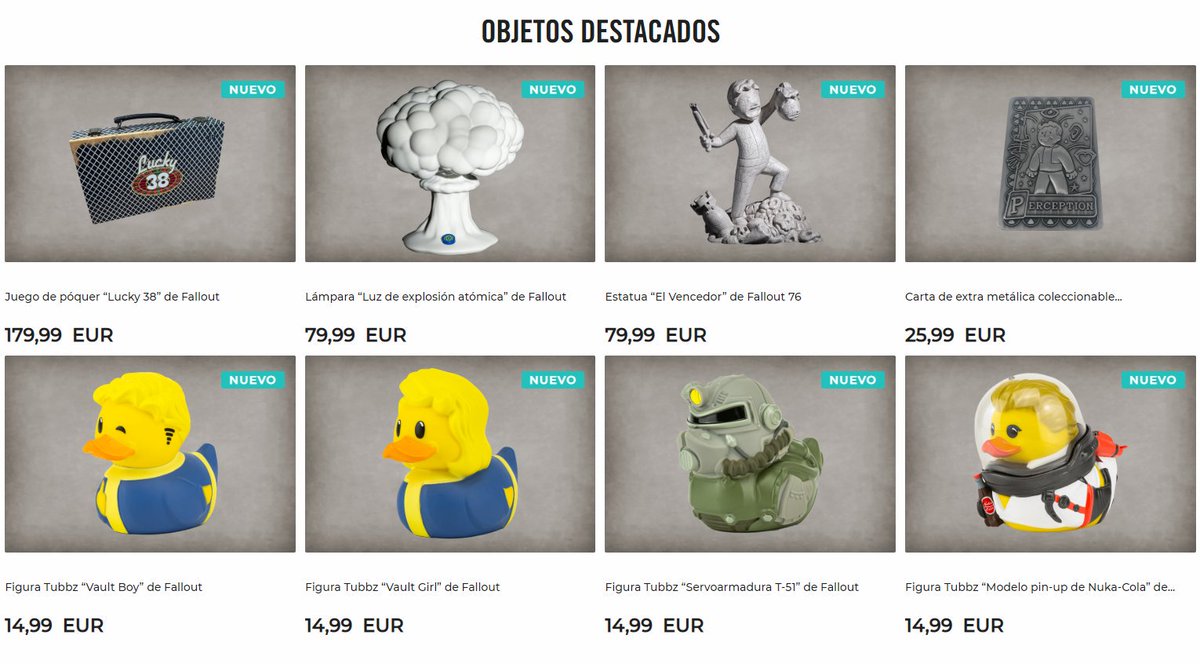 bethesda_ESP's tweet photo. Han llegado nuevos productos a la #EUStore.

Aprovechad la oportunidad para haceros con los patitos Tubbz, o el juego de póquer Lucky 38; ¡incluso una lámpara de luz de explosión atómica!

Entra en: https://t.co/SzyUh8BRQi 

#Fallout https://t.co/nfsNcdXNGB