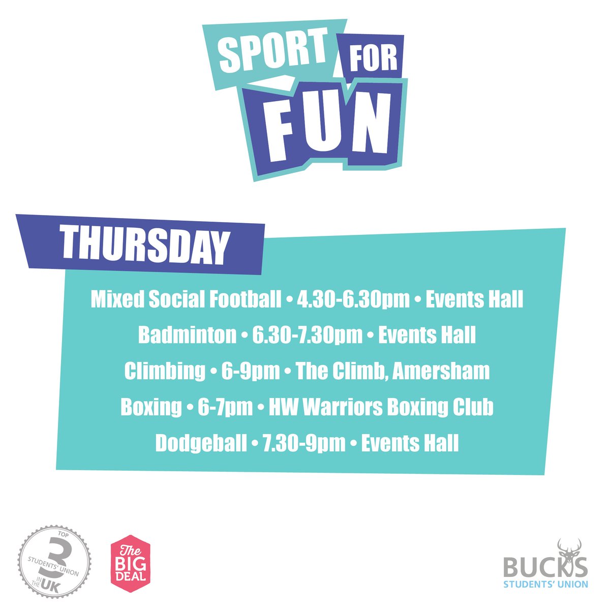 BucksSUSFF's tweet photo. Look how much we planned for tomorrow. Thursday is definitely Sport for Fun Day! For more information on any of these visit : https://t.co/Rzl4i7x2wI https://t.co/O51QuOYiZl